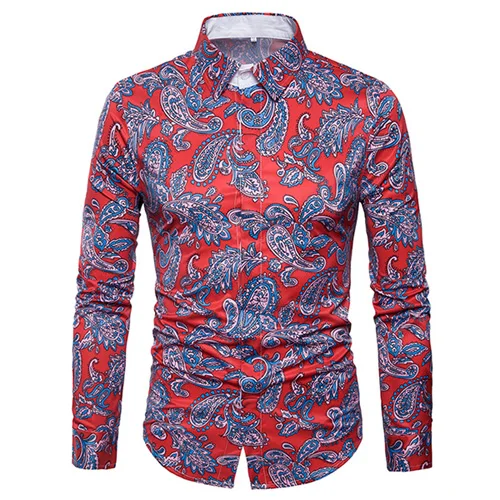 Red Роскошная брендовая мужская рубашка с узором пейсли, Chemise Homme, весна, новинка, золотой цветочный принт, приталенная рубашка с длинным рукавом, мужские рубашки - Цвет: Red