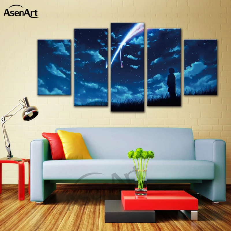 Аниме Распыление красок 5-ти панельная картина на холсте Япония Фильм "Твое имя" Современный постер Печать в рамке Картина на стене предметы декора для дома.