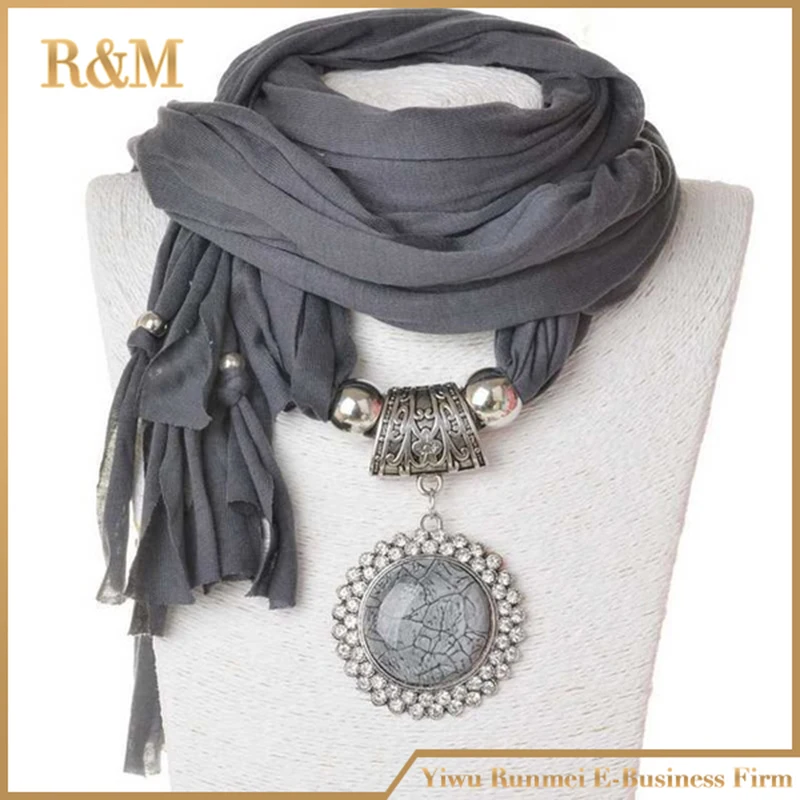 Long scarves pendant necklace women Oval shaped charm with big glass stones 5 color available round precious stone scarf |