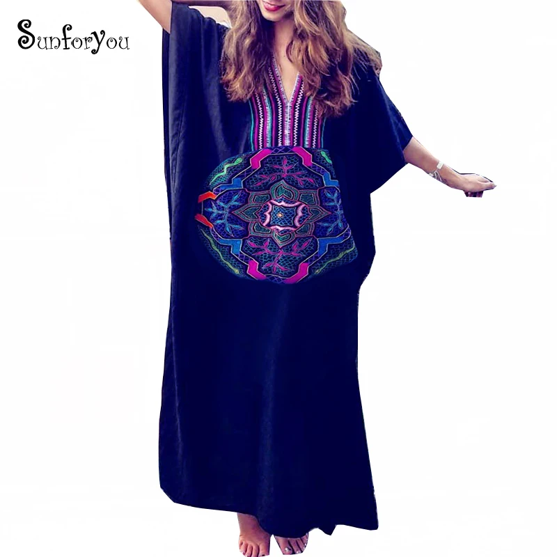 Размера плюс черный хлопок пляжное платье крышку ИБП штаны с вышивкой