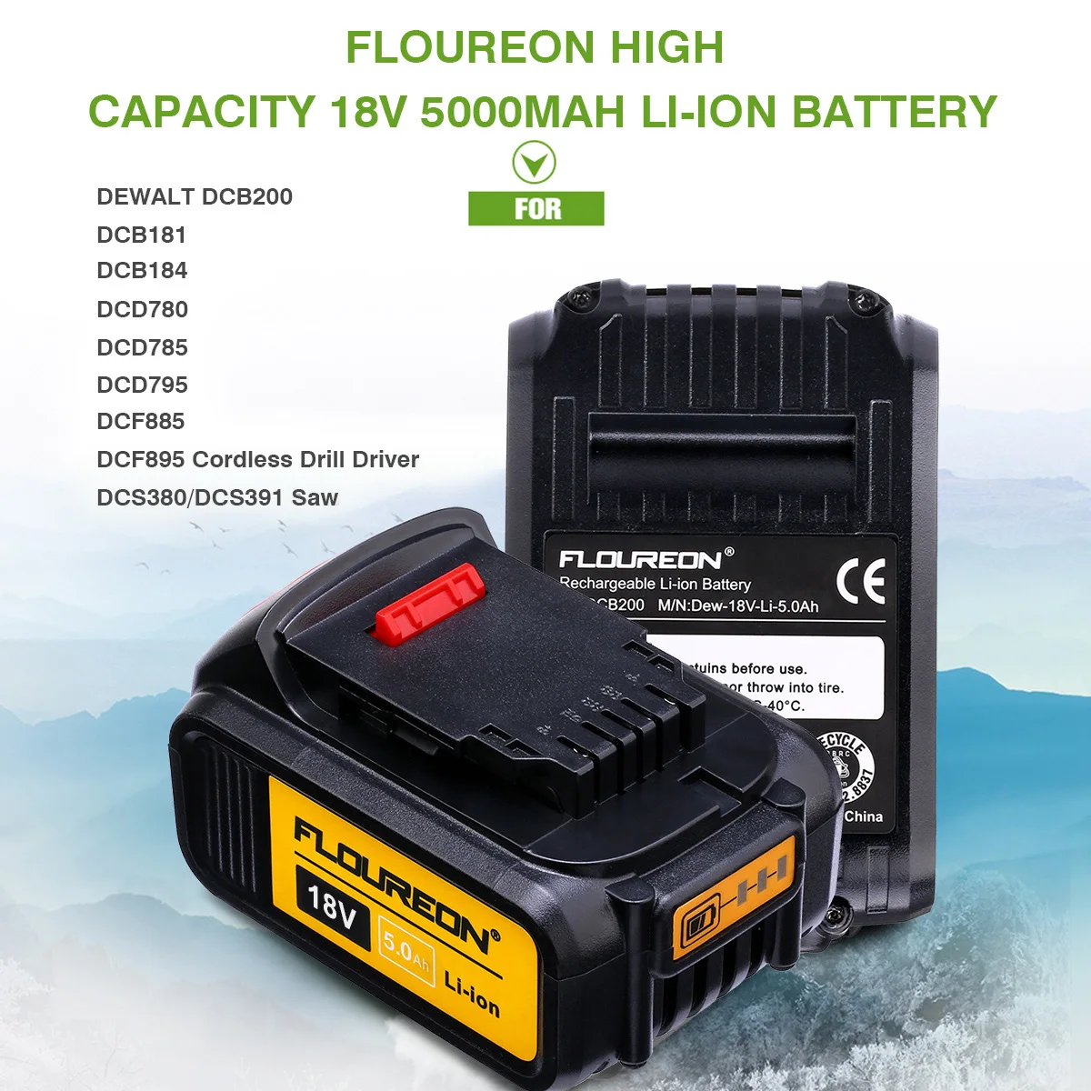 Floureon 18 в 5000 мАч запасные аккумуляторы для электроинструментов DeWalt дрель DCB200 DCB181 DCB182 DCB184 литий-ионная аккумуляторная батарея