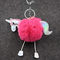 cute fluffy fur unicorn keychain on the bags trinket rabbit fur ball pom pom horse key chains women bag charms car key ring gift