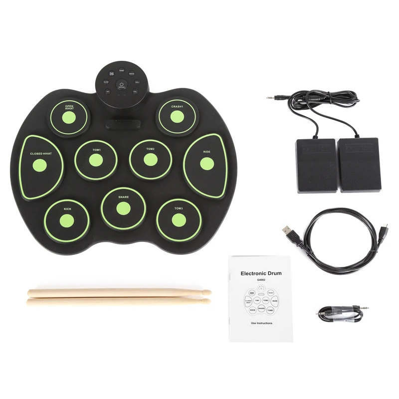 

Electronic 9 Pads Roll up Portable Silicone Drum with Drumsticks and Sustain Pedal Children Students Practice Drum