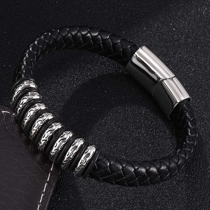 

New Fashion Men Jewelry Genuine Leather Braid Charm Bracelet Magnetic Buckle Clasps Men Bracelets & Bangles gift BB0368