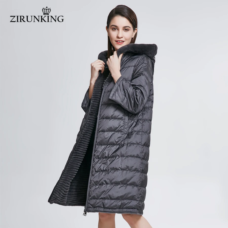 ZIRUNKING женские пуховики с натуральным мехом, женская шуба из кролика Рекс, Дамское двустороннее пуховое пальто с капюшоном, верхняя одежда ZC1807