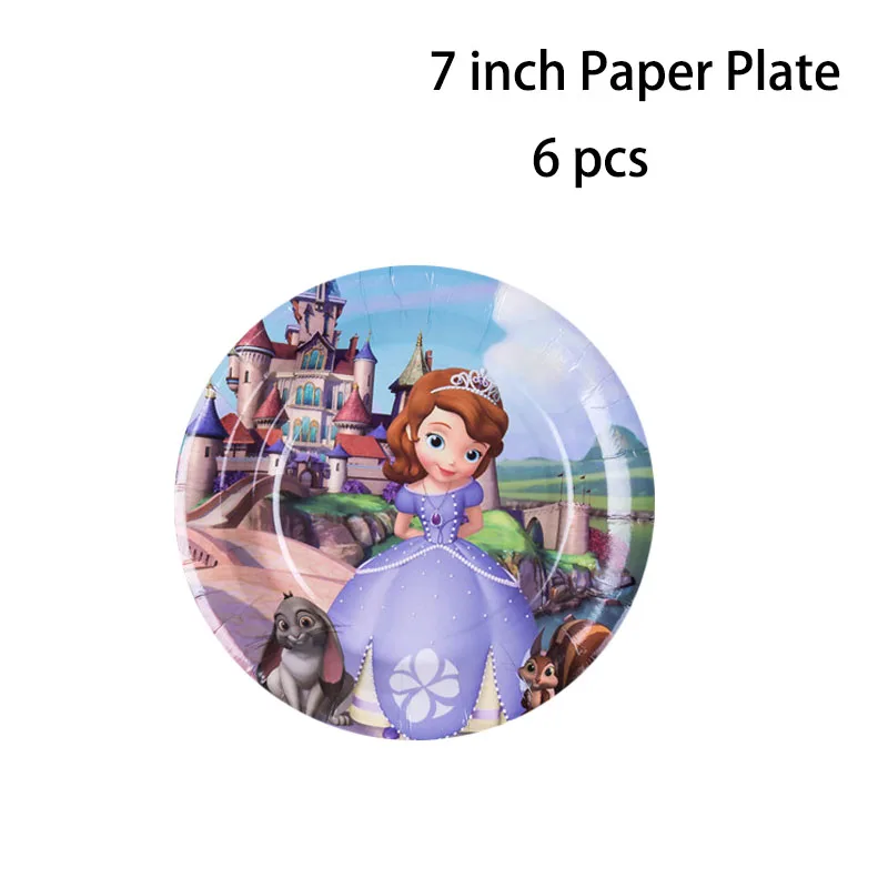 7 inch plate 6 Pcs Мультяшная Принцесса София одноразовые бумажные стаканчики тарелки салфетки баннер скатерть детский душ День Рождения украшения принадлежности - Цвет: 7 inch plate 6 Pcs