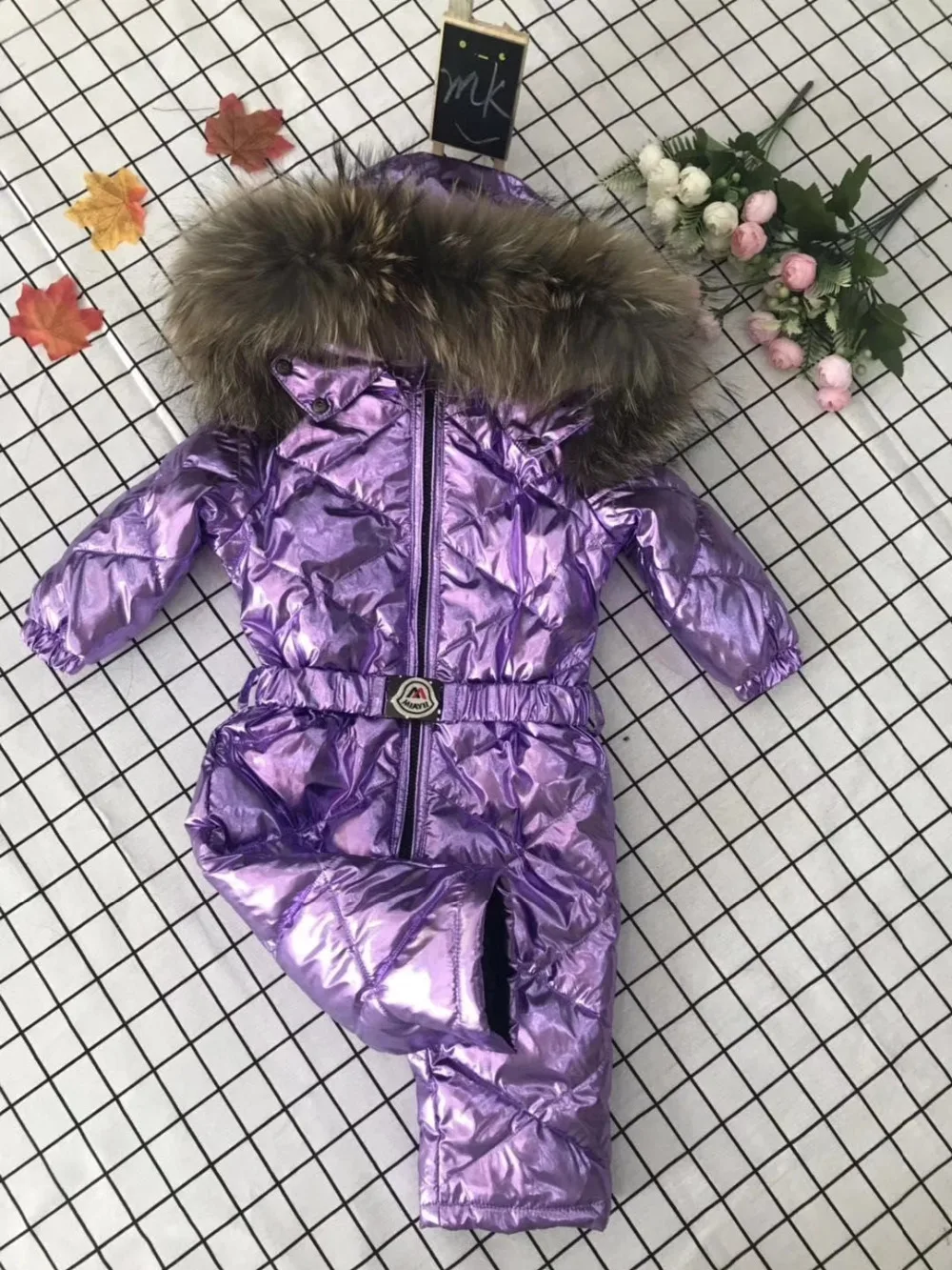 70cm-150cm Real fur hooded baby outergoing Winter children jumpsuit snow suit girl down boy Baby coveralls ski suit