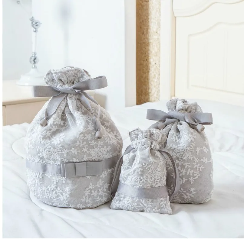 Travel Flower Embroidery Lace Drawstring Bag Underwear Organizer Bag Wardrobe Closet Organizer Vacuum Bags For Clothes Shoe
