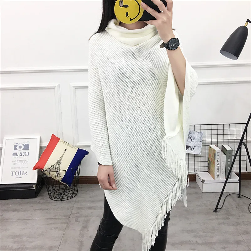 2019 women autumn winter thick sequins high collar tassel large size loose warm cloak shawl fashion sweater | Женская одежда