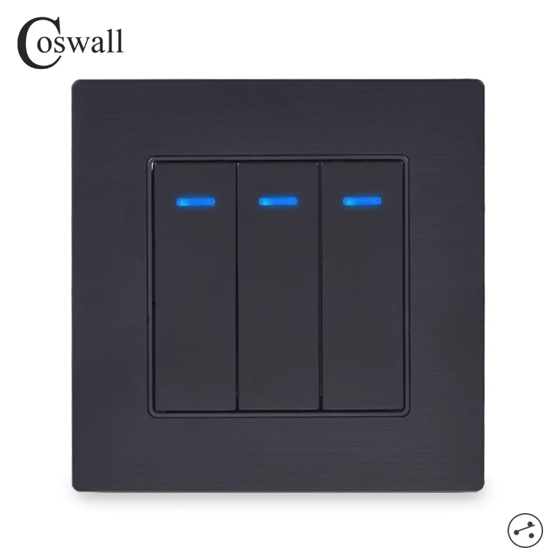 Coswall 3 банды 2 способа вкл/выкл настенный светильник светодиодный индикатор проходной переключатель переключаемый рыцарь черная алюминиевая металлическая панель