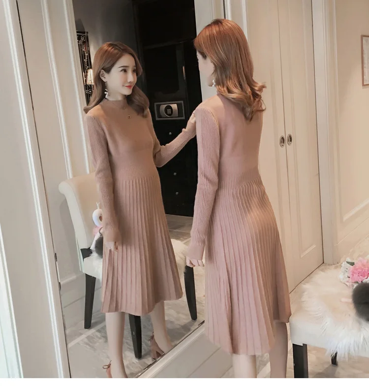 New Fashion Maternity Dress Full Sleeve O Neck Soild Pleated Spandex dress Pregnancy for Pregnant Women For 2018 Autumn/Winter | Мать и
