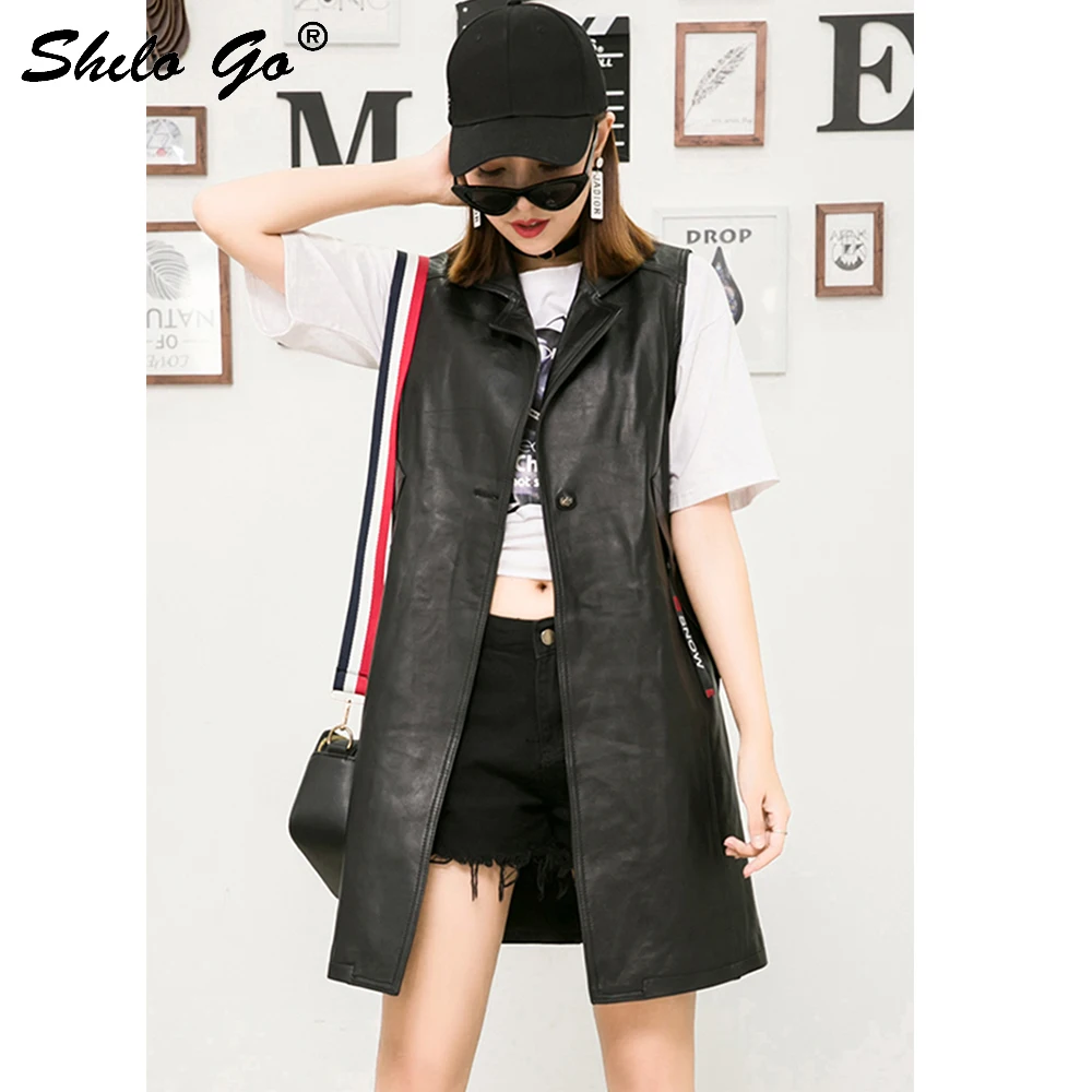 Streetwear Leather Vest Women Summer Casual Sleeveless Single Breasted Sheepskin Genuine Long Side Pocket Vests |