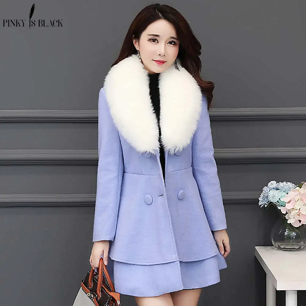 PinkyIsblack Autumn Winter Long Wool Coat Women Ruffles Wool Blend Coat and Jacket Removable Fur Collar Wool Women Coat Outwear