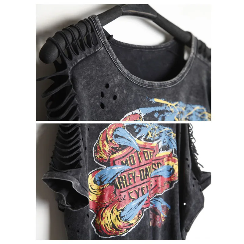 Women Punk Rock T-shirt Graffiti Print Vintage Hollow Out Batwing Sleeve Washed Tees Hip Hop Plus Size Tops | Женская одежда