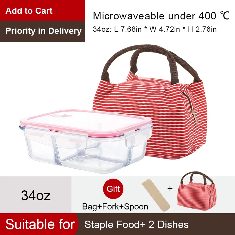 34oz-Red Bag OTOR стеклянный контейнер для еды, Ланч-бокс 3 с отделениями бенто, коробки для микроволновой посуды, контейнер для хранения еды, стеклянный Crisper - Цвет: 34oz-Red Bag
