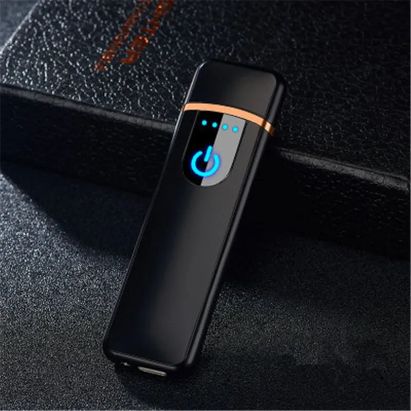 Тонкий usb зарядка Зажигалка сенсорный экран зажигалки для электронных сигарет маленькая перезаряжаемая электрическая зажигалка ветрозащитный негорящий - Цвет: Black