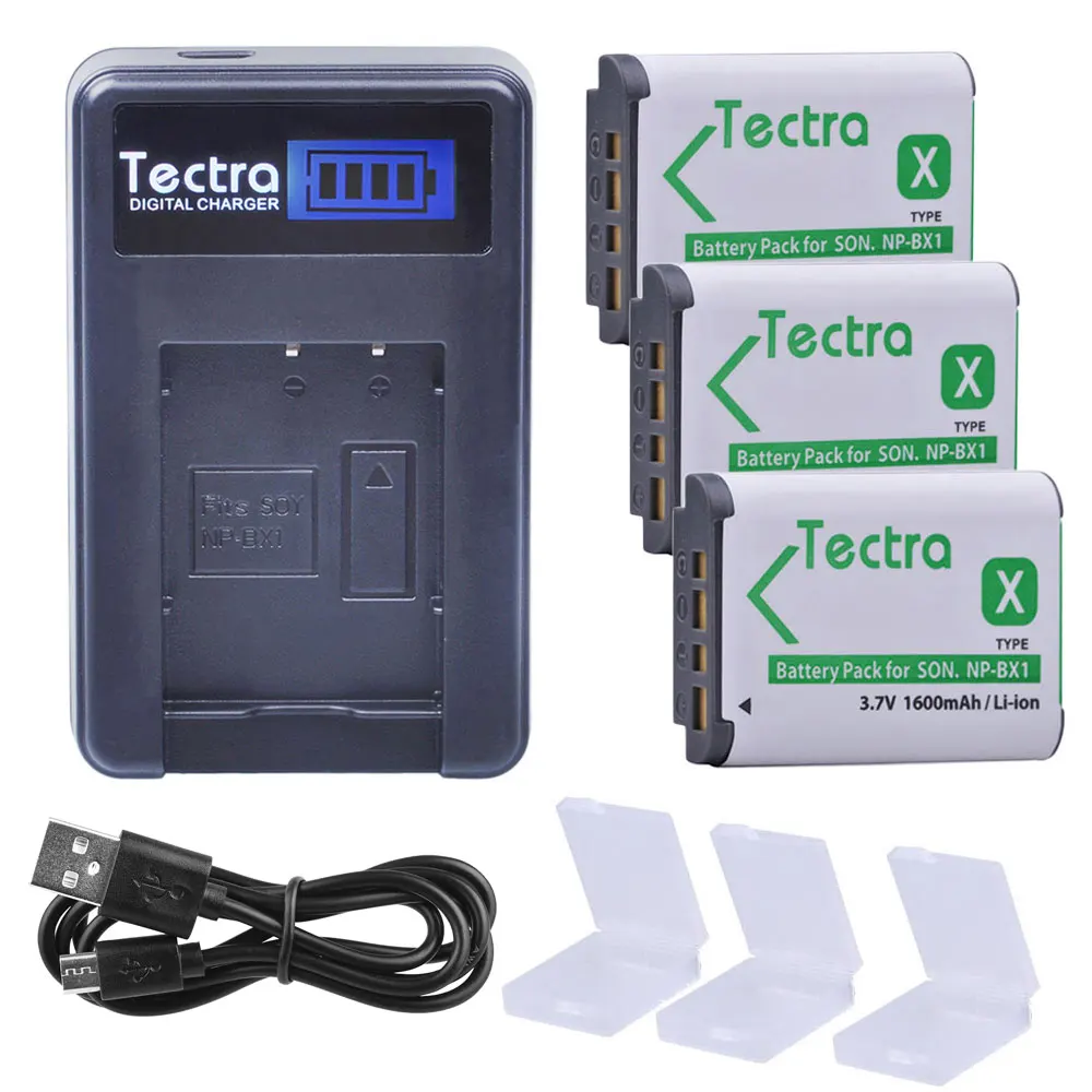 Аккумулятор Tectra 1600 мАч 3 шт. NP BX1 NPBX1 + зарядное устройство USB с ЖК дисплеем для Sony DSC
