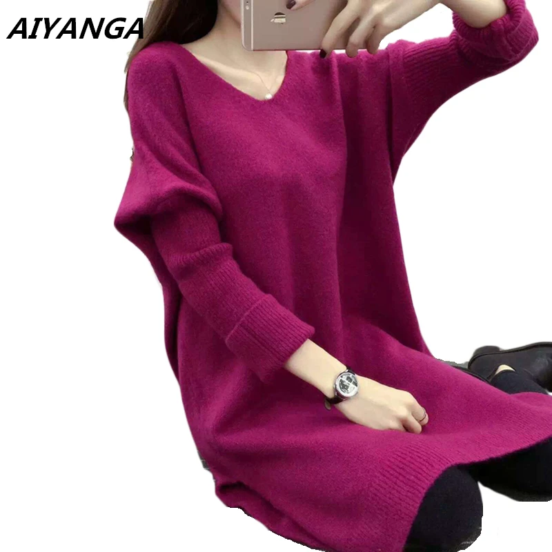 Новинка 2018 зима большой размер Повседневный Свободный вязаный свитер платье для