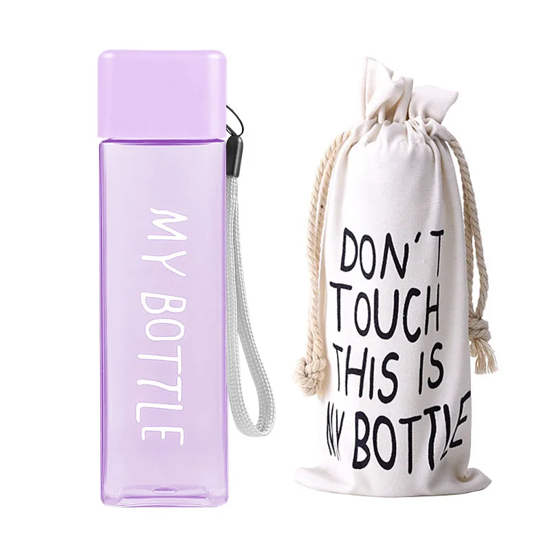 purple and bag Новая квадратная пластиковая бутылка My bottle 500 мл для бутылок с водой для питья с веревкой, прозрачная или матовая Спортивная, корейский стиль, термостойкая - Цвет: purple and bag