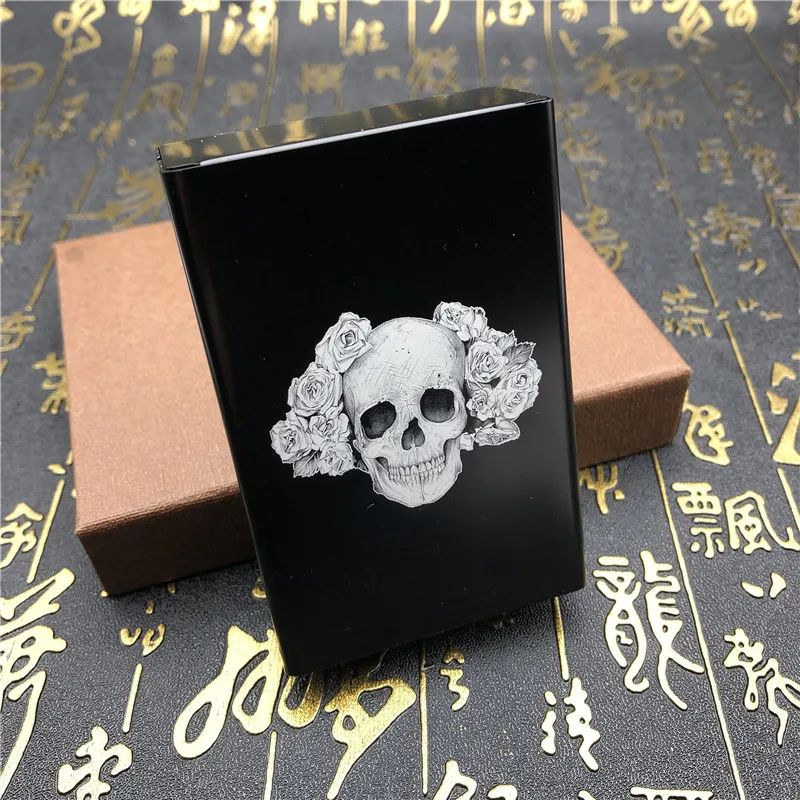 08-black Персонализированные DIY Розовый череп тату портсигар чехол Металл с лазерной гравировкой портсигар зажигалка Мужские карманные курительные автоматические коробки - Цвет: 08-black