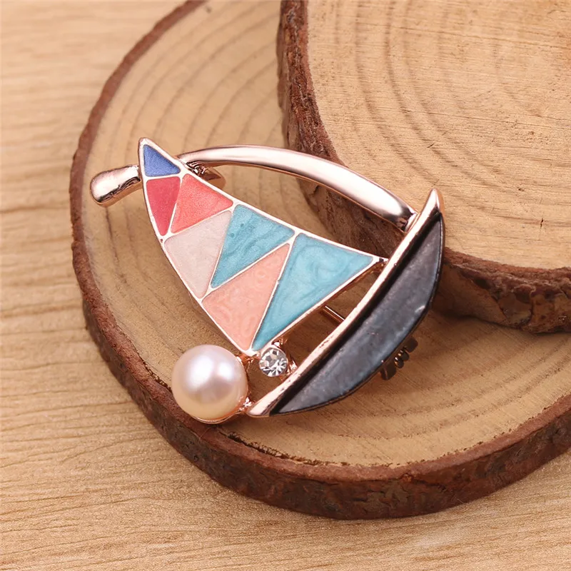 Эмалированная брошь из пресноводного жемчуга для парусной лодки цинковый сплав