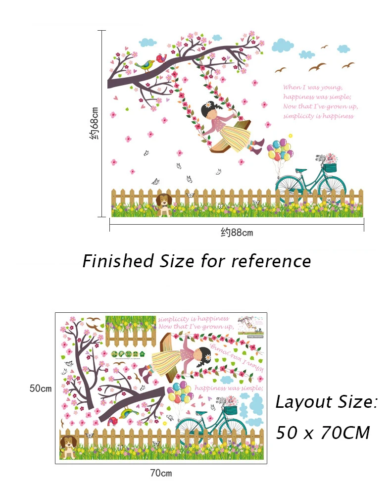 Цветы забор качели девушка дерево птицы Бабочка настенные наклейки Декор постер