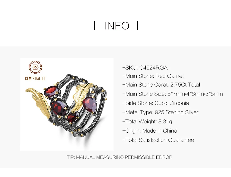 GEM'S BALLET 2.75Ct натуральный красный гранат драгоценный камень кольцо 925 пробы Серебряное Винтажное кольцо в виде листа кольца для женщин хорошее ювелирное изделие