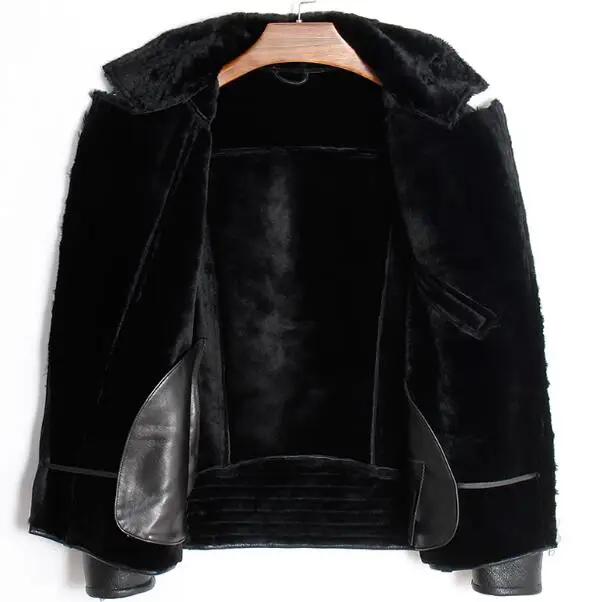 Mens Genuine Leather Bomber Pilot Jacket Sheepskin Winter Thick Warm Liner Cashmere Fur Collar Black Luxury Coats Plus Size 5XL | Мужская