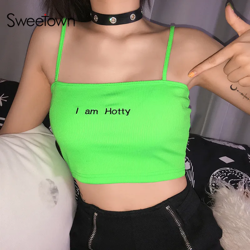Sweetown, неоновый цвет, тонкие сексуальные летние топы Для Womrn, одежда для активного отдыха, с вышитыми буквами, на тонких бретелях, укороченный топ, праздничная одежда