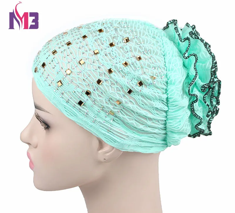 Головной убор Diamond Turban Hat Muslim Hijab Islamic Mesh Insert Turbante с горячей стразовой накладкой и большой флористической тарелкой на.