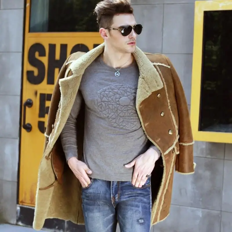 Роскошное шерстяное длинное пальто мужская зимняя куртка из овчины модная