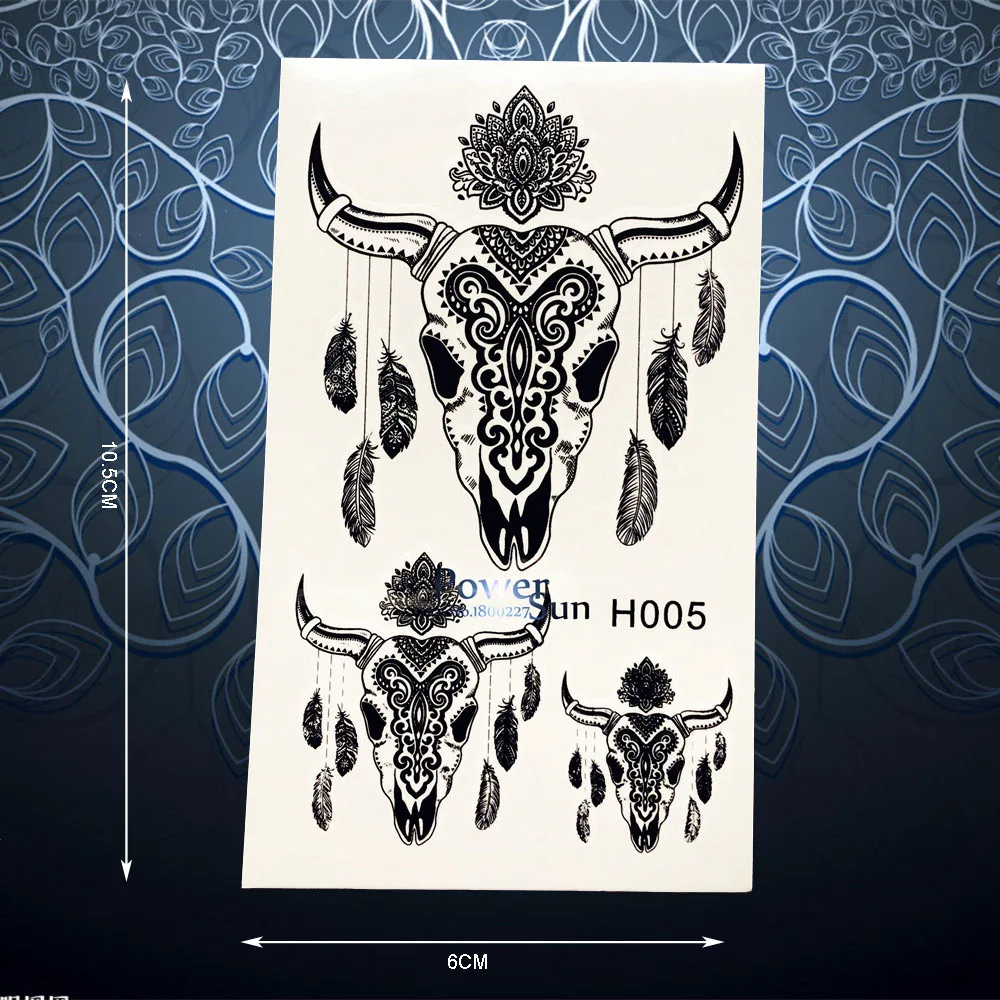 Черный индийская хна Татуировка Стикеры bull бык голову Перо Ловец снов татуировки
