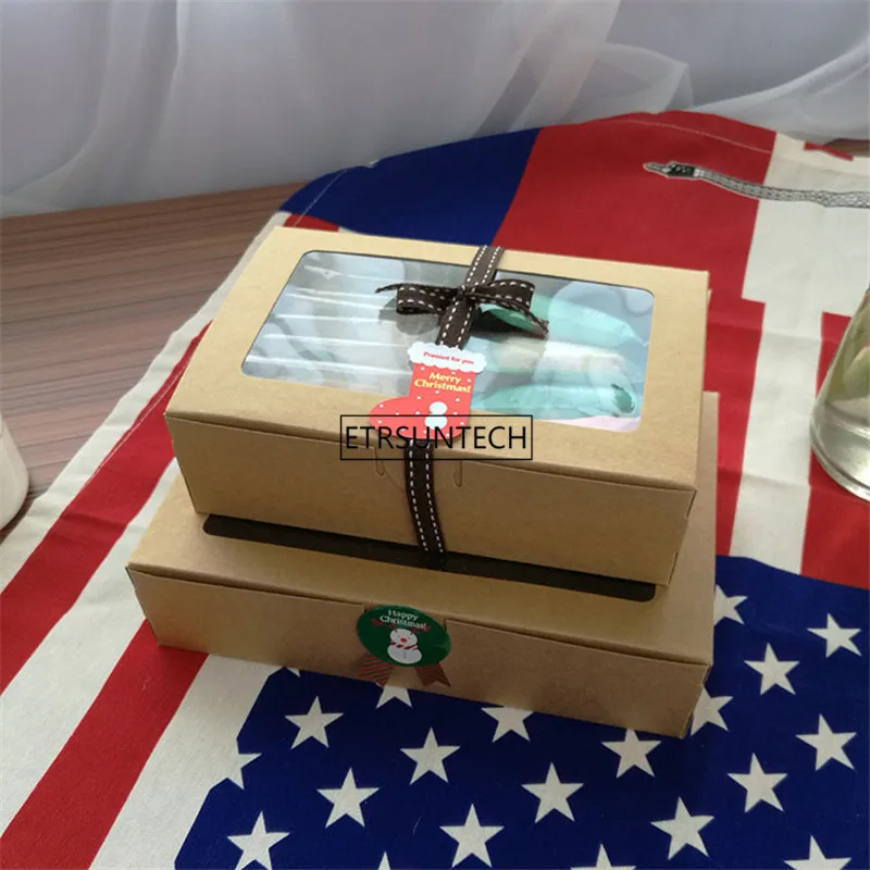 Коричневая коробка из крафт-бумаги с окном, Подарочная коробка cajas de, картонная упаковка, коробка для печенья, макарон, Свадебная подарочная коробка, 18*12*5 см/21*15*6 см
