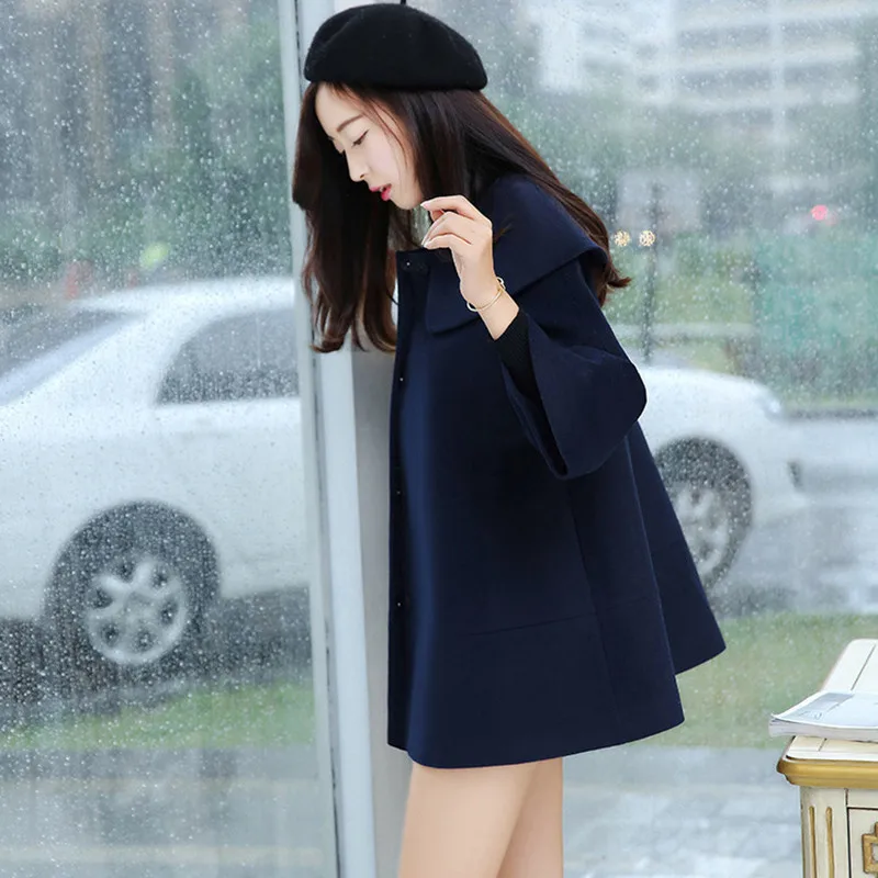 navy blue Осень-зима новое шерстяное пальто женский, с круглым вырезом с длинными рукавами спортивный Однобортный Для женщин плотная накидка Шерстяное пальто плюс дизе LQ153 - Цвет: navy blue
