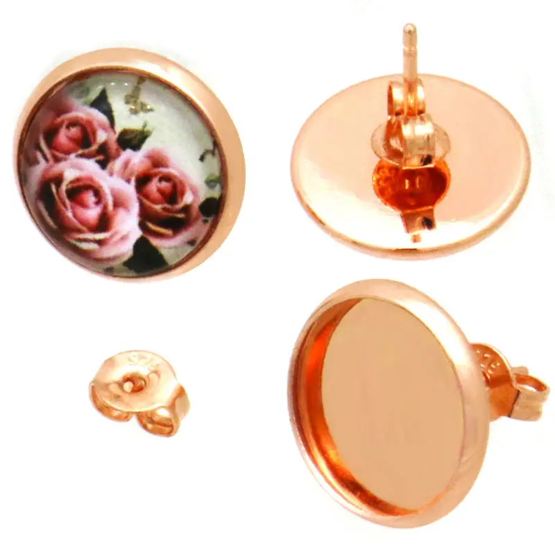 10pcs/lot 8/10/12/14mm No Fade Women's Rose Gold Stud Earring + Earplug Blanks DIY Jewelry Bezel Base Setting Tray Cabochons