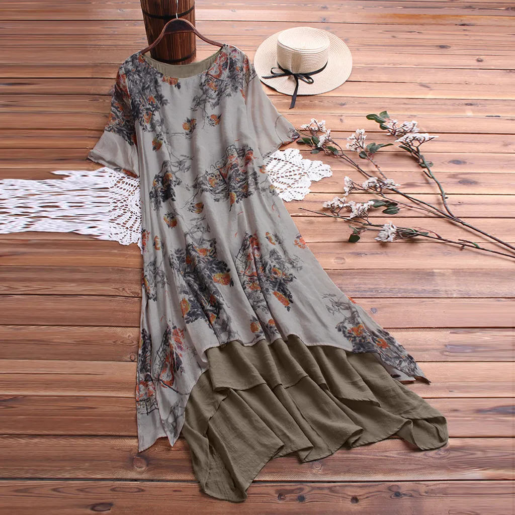 MISSOMO Женщины Boho платье Vintage печати Лоскутное с коротким рукавом O образным вырезом