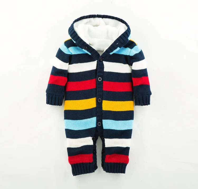 Navy Blue IYEAL детские комбинезоны, утолщенный зимний полосатый трикотажный свитер, теплый комбинезон для маленьких девочек и мальчиков, верхняя одежда с капюшоном, детская одежда для новорожденных - Цвет: Navy Blue