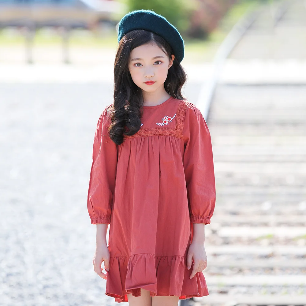 Одежда для школы платья с цветочной вышивкой девочек вечерние из хлопка детей