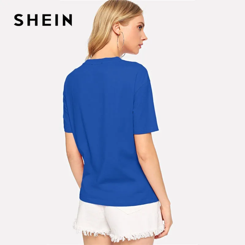 SHEIN Футболка С Текстовым Принтом И Коротким Рукавом Женские Летние Пуловеры С Круглым Вырезом С Коротким Рукавом