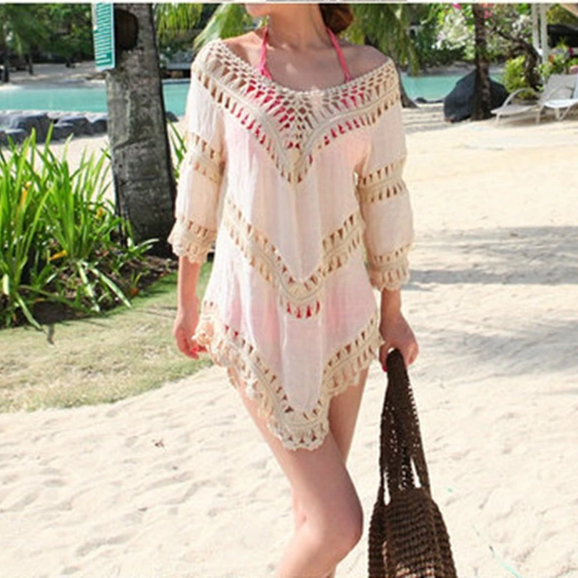 Sexy Ladies Handmade Crochet Summer Beach Lace Cool Shirt V Neck Half Sleeve Women Bohemian Blouse
