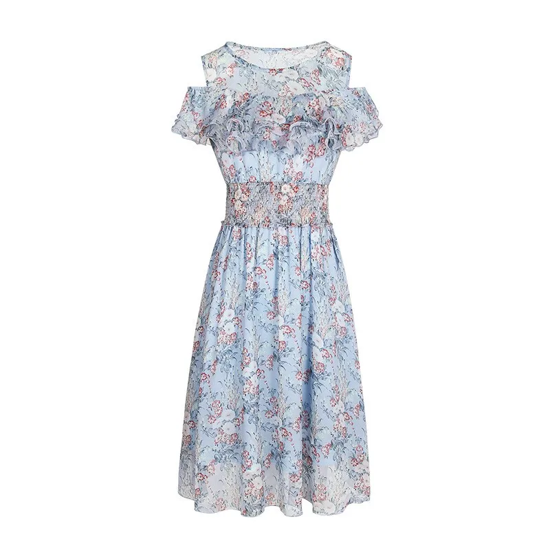 

2019 summer new brand women's lotus leaf sleeve Dress printing A-Line temperament ladies smooth soft O-Neck chiffon dress 69263