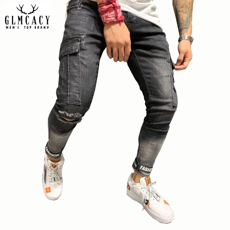 Мужские черные уничтожены моды группы лодыжки Slim Fit Denim уличная рваные джинсы с