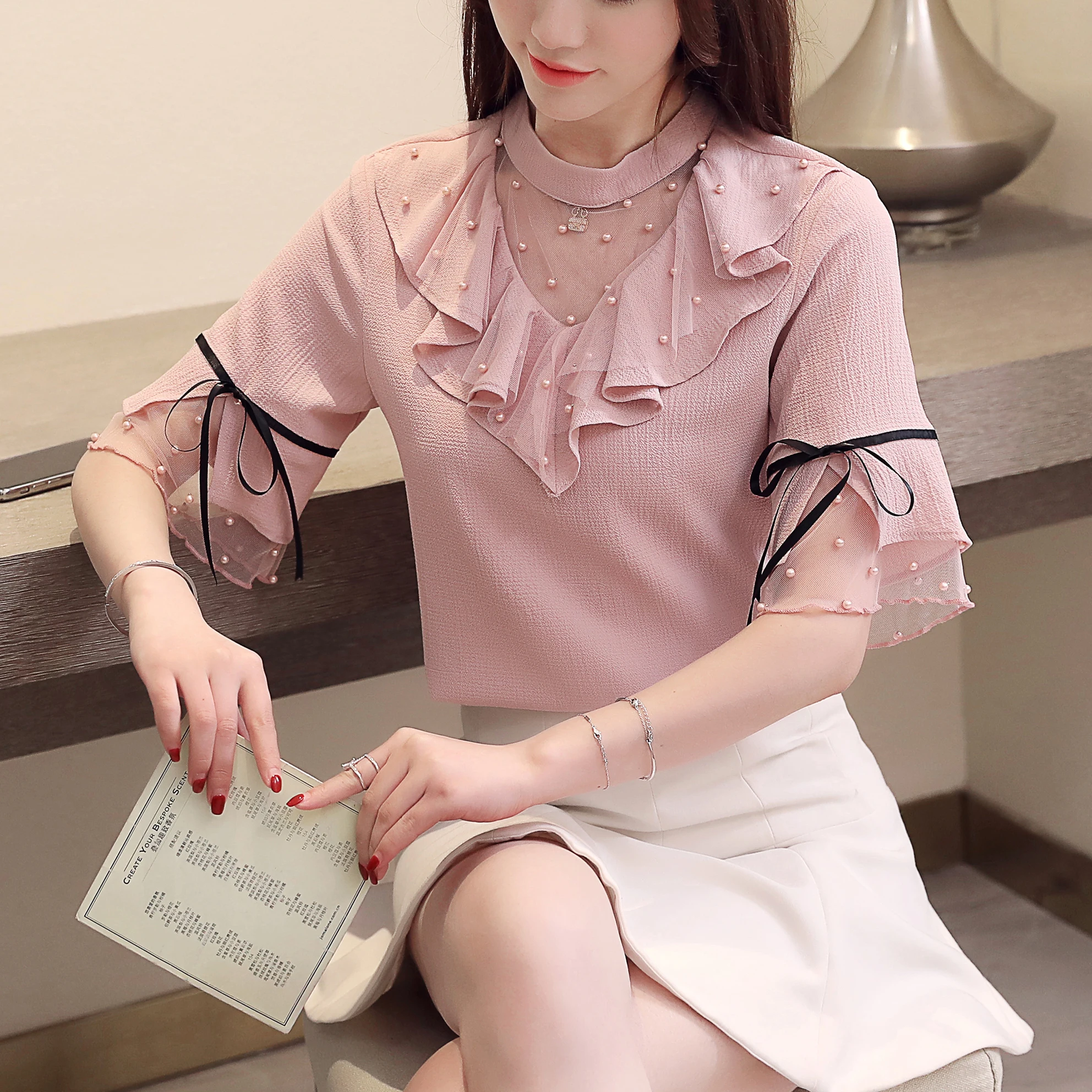 Модные шифоновые женские рубашки топы и блузки 2019 с v-образным вырезом Женские