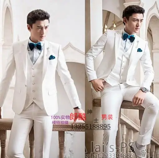 

2020 new arrival white slim men suit set with pants mens suits wedding groom formal dress men's suit + pant + tie + vest 4XL