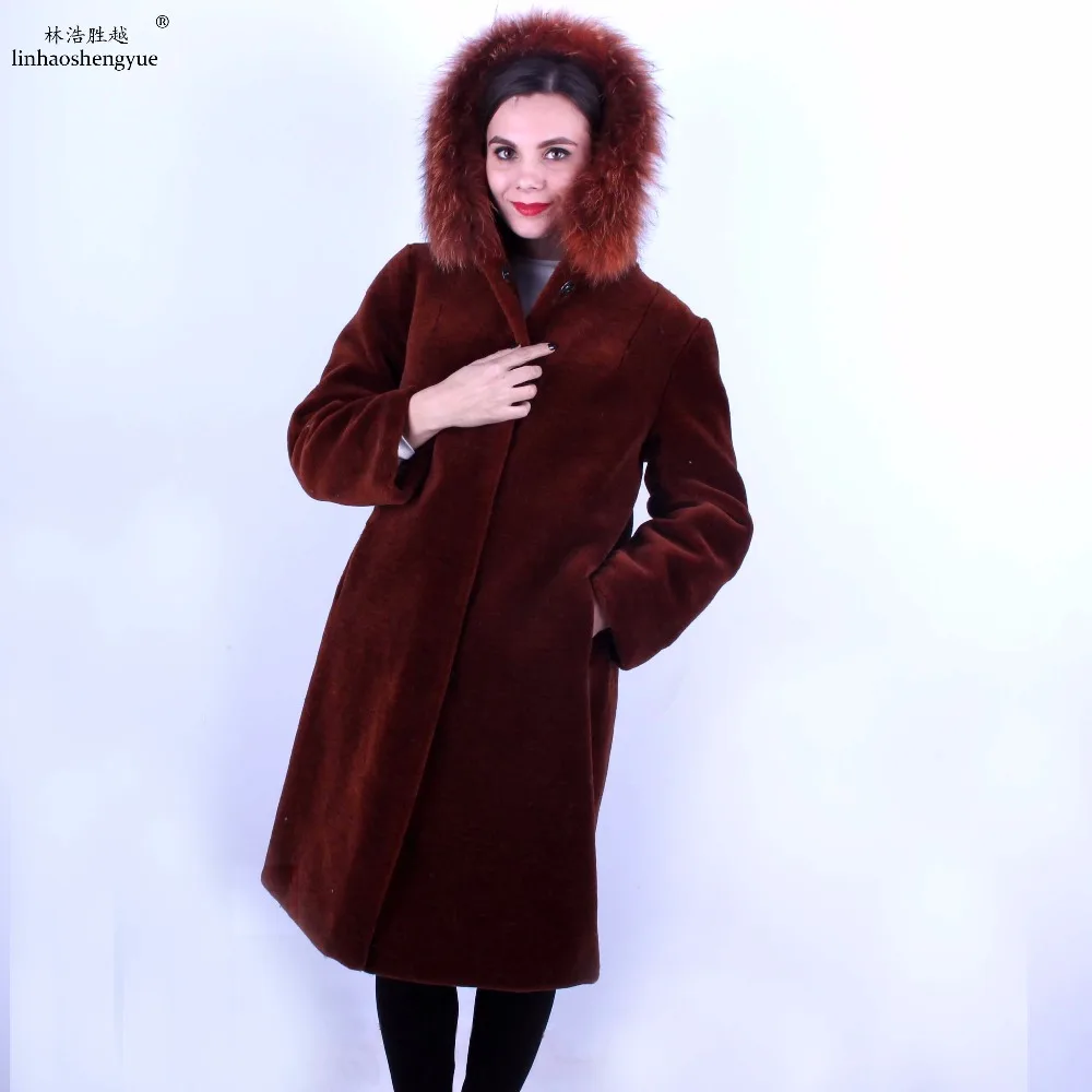 Linhaoshengyue  Women Long Sheep Coat High Quality Compound Sheepskin Coat