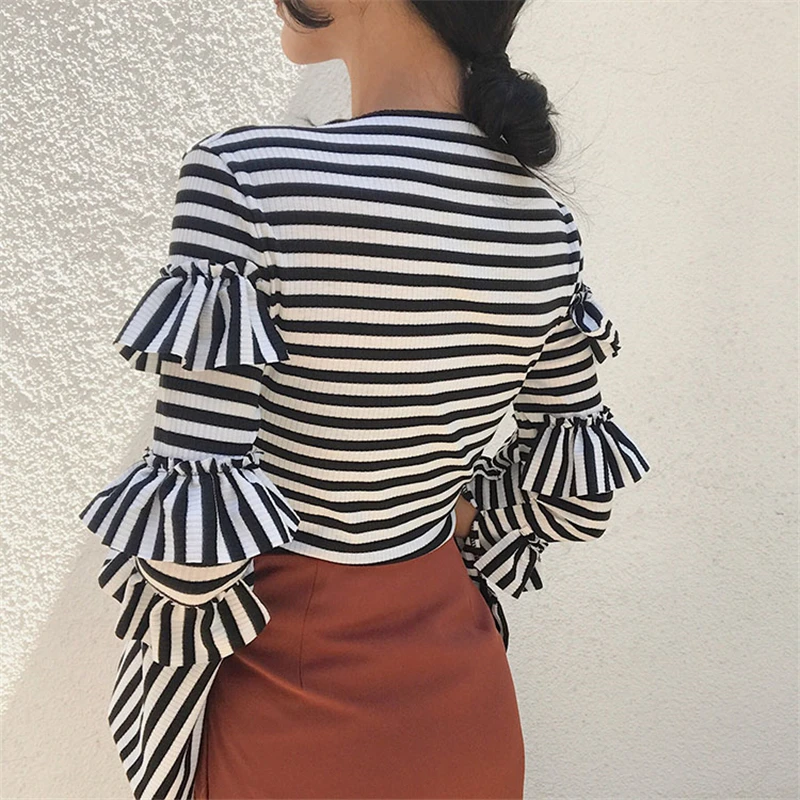 Rugod оборками с длинным рукавом Для женщин полосатая блузка слэш-образным вырезом