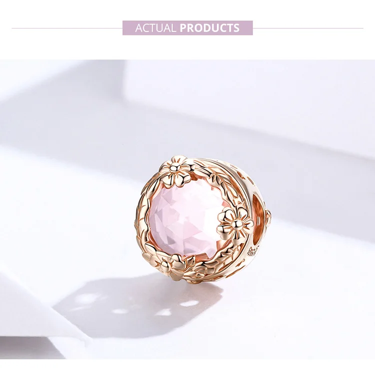Fit Pandora браслет серебро 925 розовый циркон вишневый цвет бусины S925 розовое золото клен подвески в форме цветов DIY ювелирных изделий