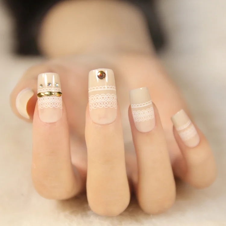 French lace pattern false nails Cute acrylic fake 3D for bride Japanese middle-long size full nail tips pure color | Красота и