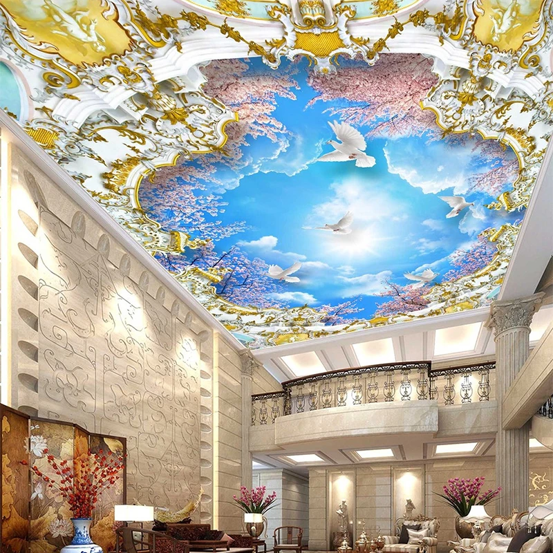 Large Custom Murals Wall Paper Ceiling Zenith Hotel KTV Ceiling Wallpapers Blue Sky And White Clouds Papel De Parede Para Quarto