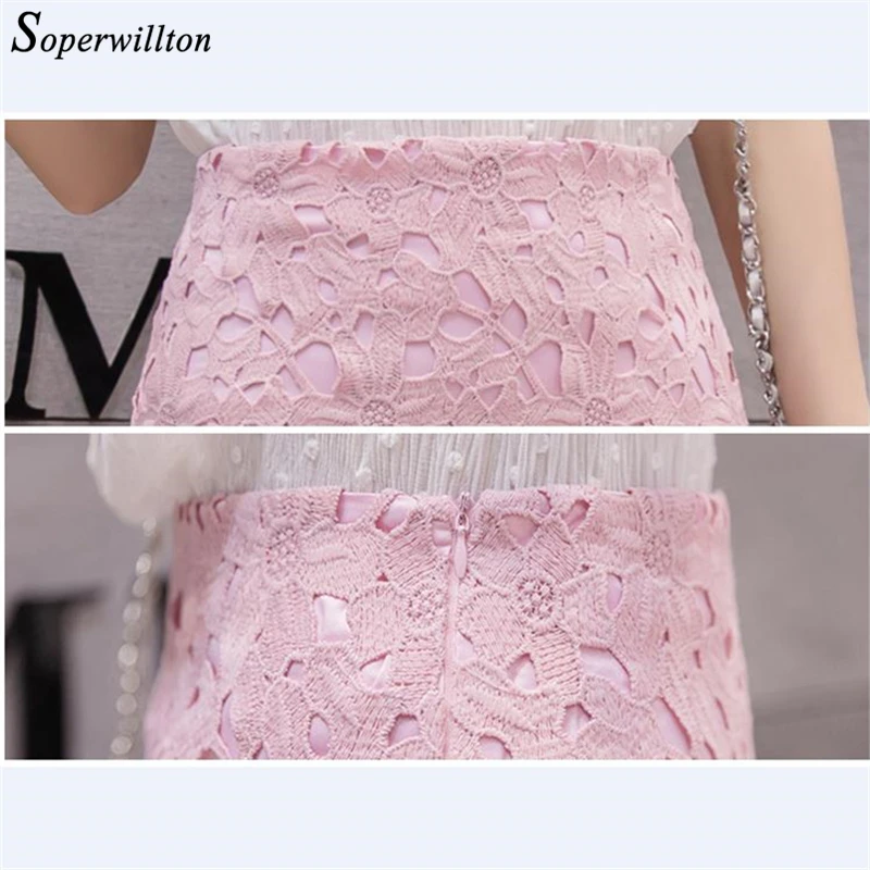 Elegant Lace Pencil Skirts Hollow Out Pink White Black Bandage Short Skirt For Women Spring Summer Work Wear High Waist Skirts